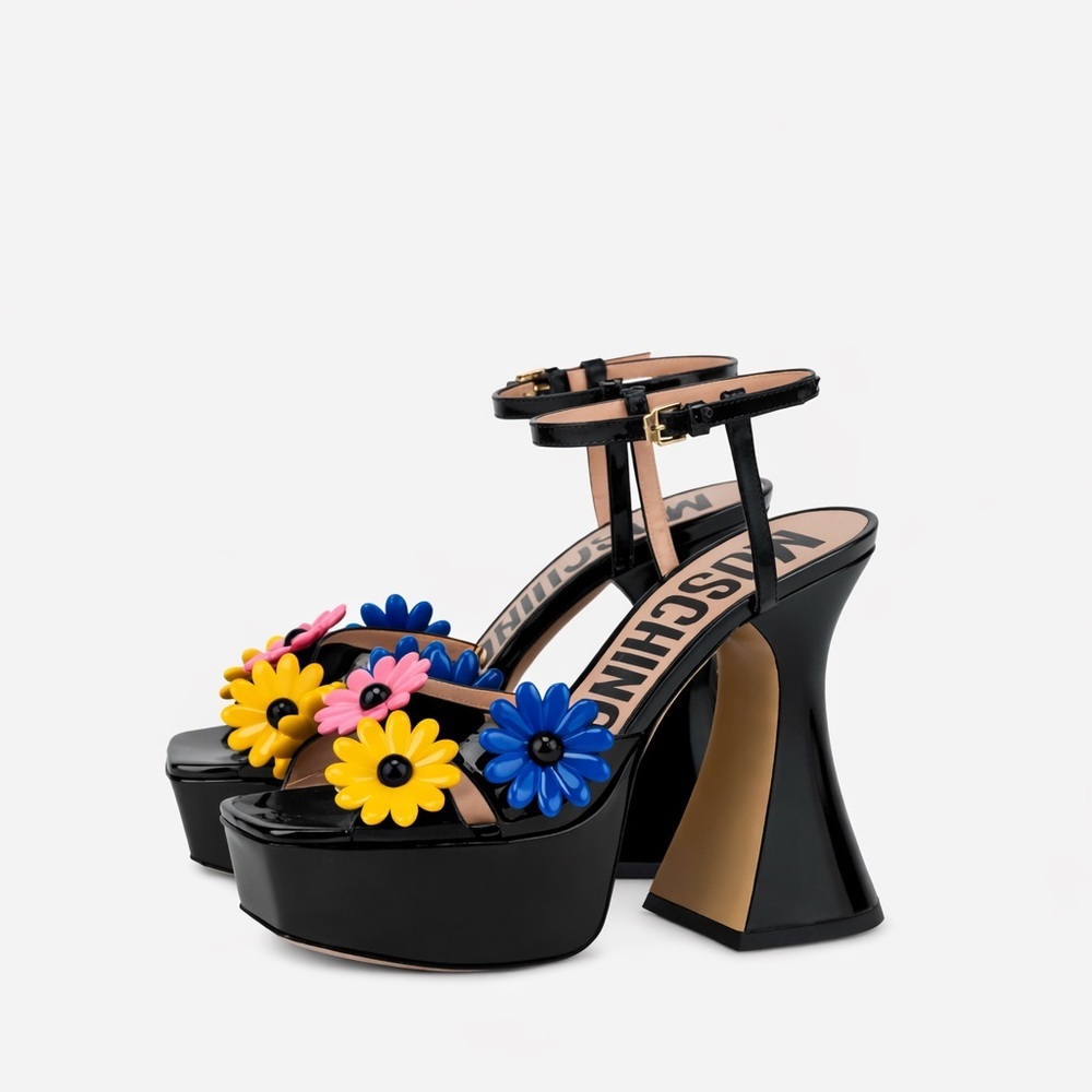 Moschino Flower Appliqué Patent Leather Platform Sandals